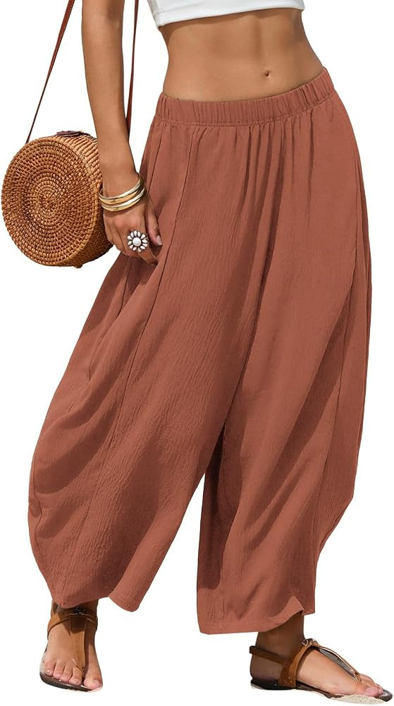 EXLURA Womens Faux Linen Wide Leg Boho Flowy Pants Summer Palazzo Casual Elastic Waist Baggy Trou... | Amazon (US)