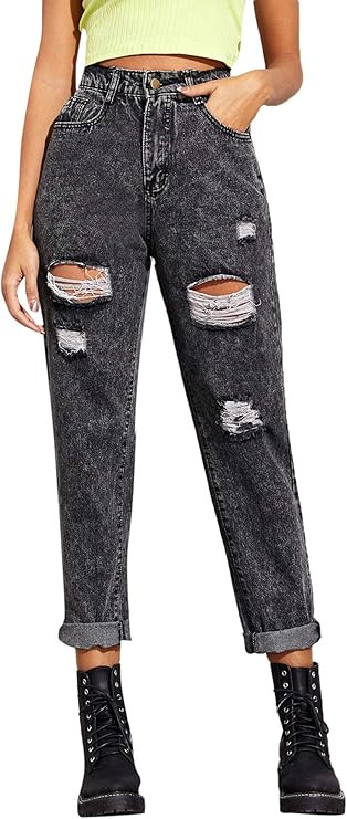 SweatyRocks Women's Ripped Boyfriend Jeans Distressed Denim Ankle Length Jeans | Amazon (US)