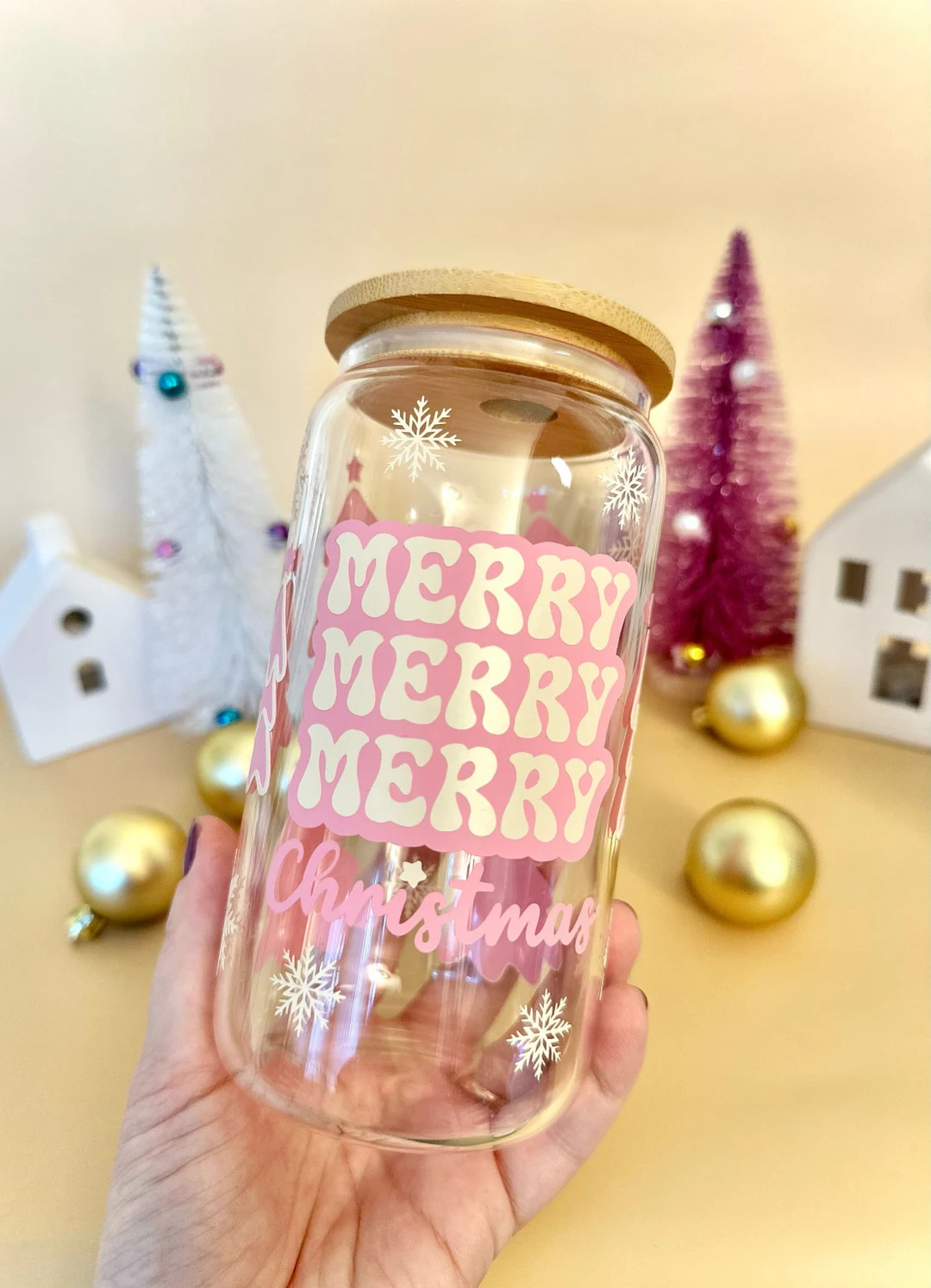 Christmas Iced Coffee Glass Cup Christmas Coffee Mug Pink - Etsy | Etsy (US)