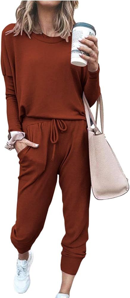 PRETTYGARDEN Women’s Solid Color Two Piece Outfit Long Sleeve Crewneck Pullover Tops And Long Pants  | Amazon (US)