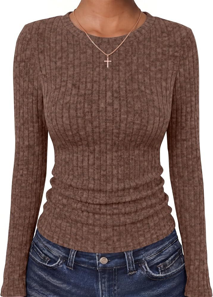ANRABESS Long Sleeve Shirts for Women Ribbed Fitted Top | Amazon (US)