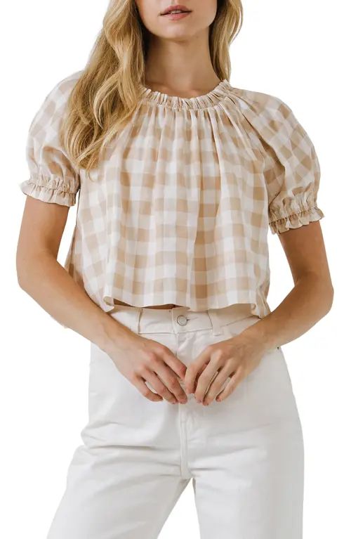 English Factory Gingham Puff Sleeve Top in Khaki at Nordstrom, Size Large | Nordstrom