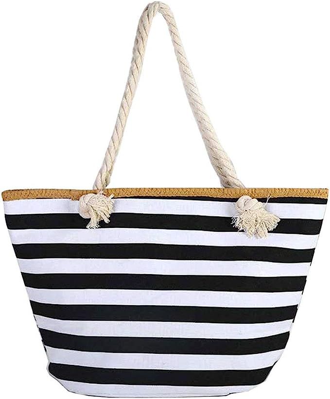 Large Canvas Striped Beach Bag - Top Zipper Closure - Waterproof Lining - Tote Shoulder Bag For W... | Amazon (US)