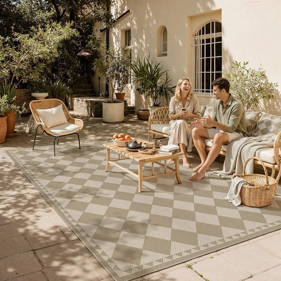 HUGEAR 8x10 Outdoor Rug Brown/Beige Linen-Look Fabric Checkered Area Rug High Traffic Stain Resis... | Amazon (US)