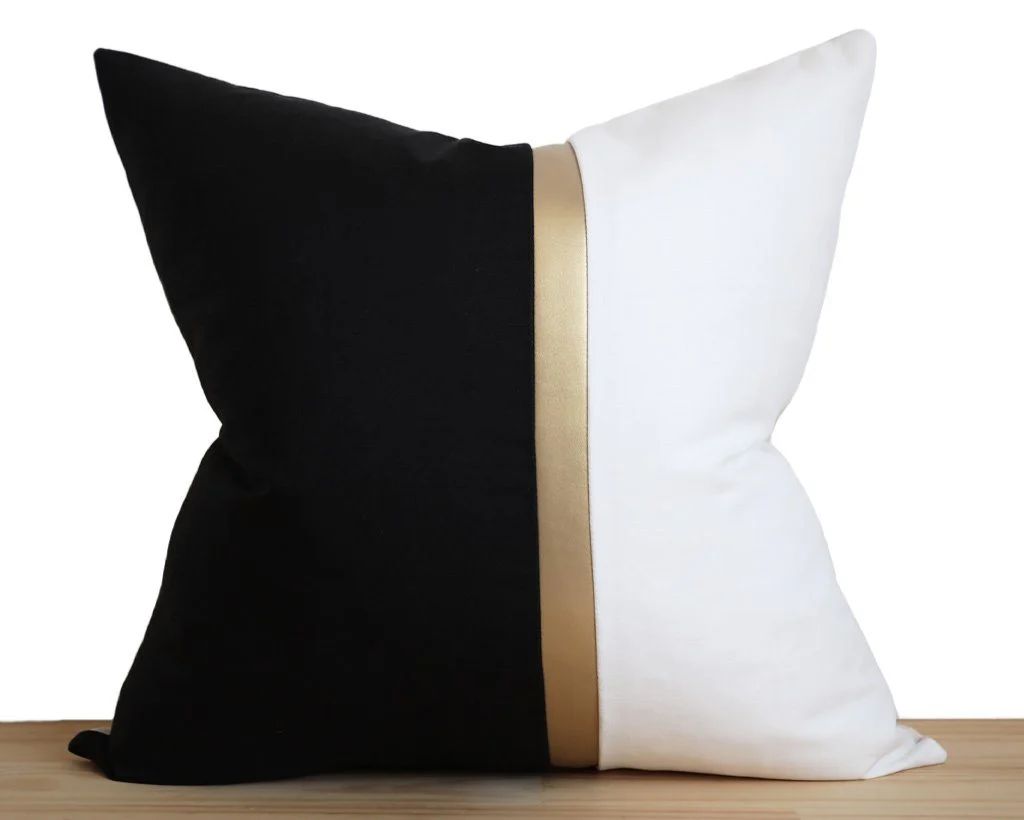 Black and White Color Block Pillow Cover, Gold Faux Leather Accent | Coterie, Brooklyn