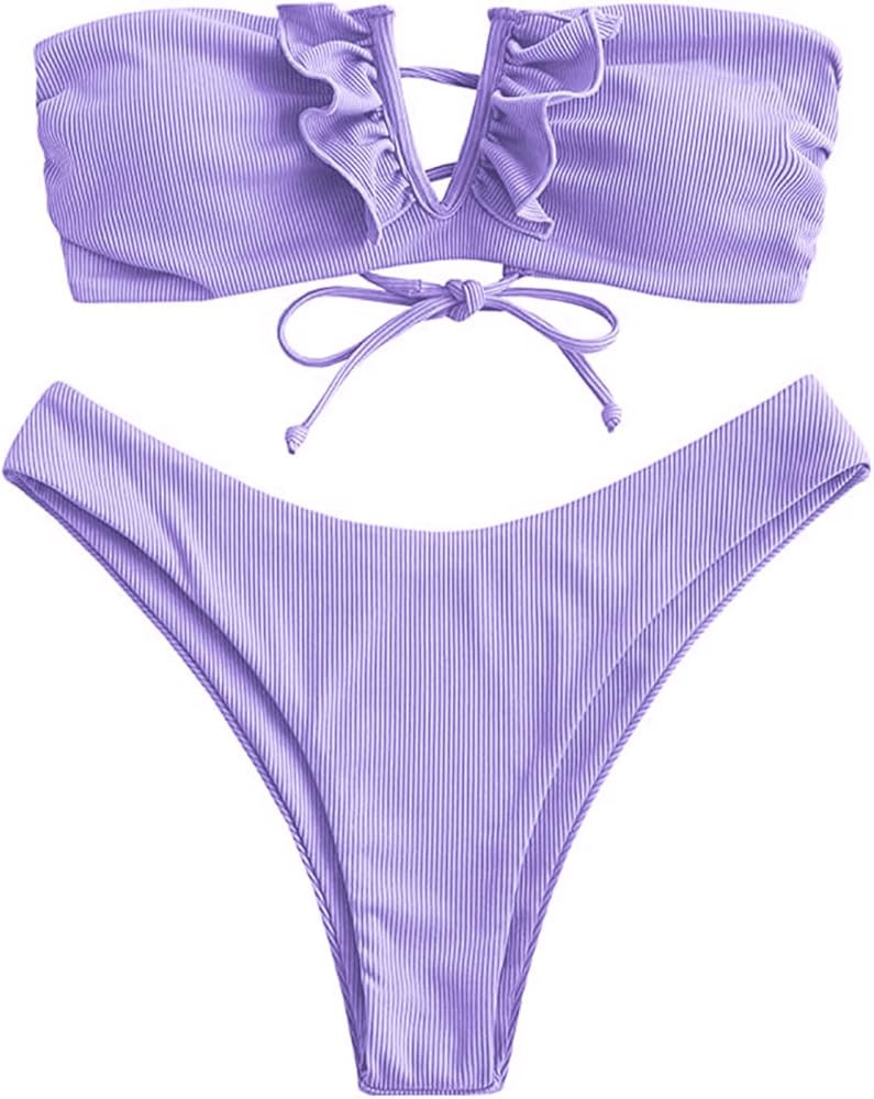 ZAFUL Women V-Wired Ruffle Ribbed Bandeau Bikini, Lace Up Bikinis Strapless Two Pieces Swimsuit | Amazon (US)