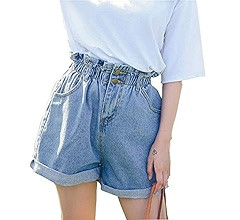 Plaid&Plain Women's High Waisted Denim Shorts Rolled Blue Jean Shorts | Amazon (US)