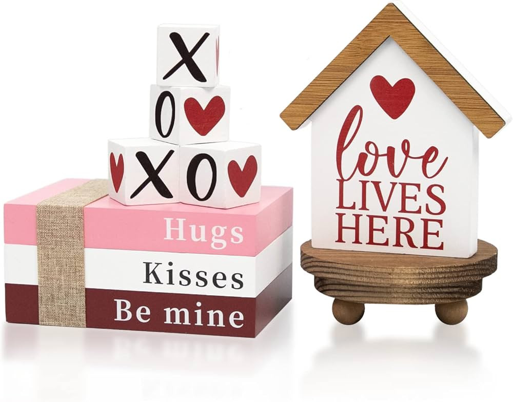 DAZONGE Valentines Day Decor, 6PCS Valentine Tiered Tray Decor, Be Mine Book Stack, XOXO, Love Li... | Amazon (US)