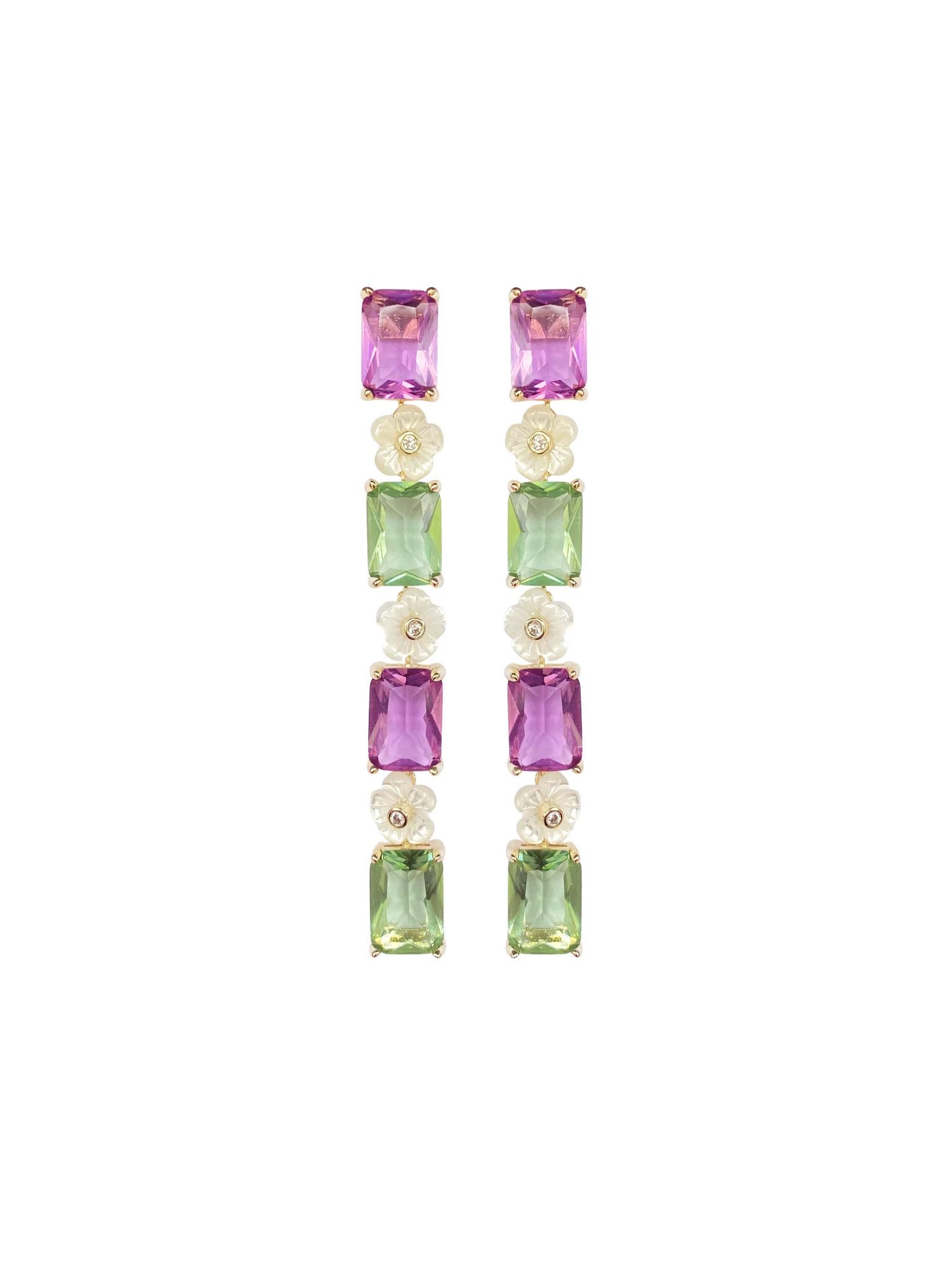 Sage Green & Lilac Mother of Pearl Flower Linear Earring | Nicola Bathie Jewelry