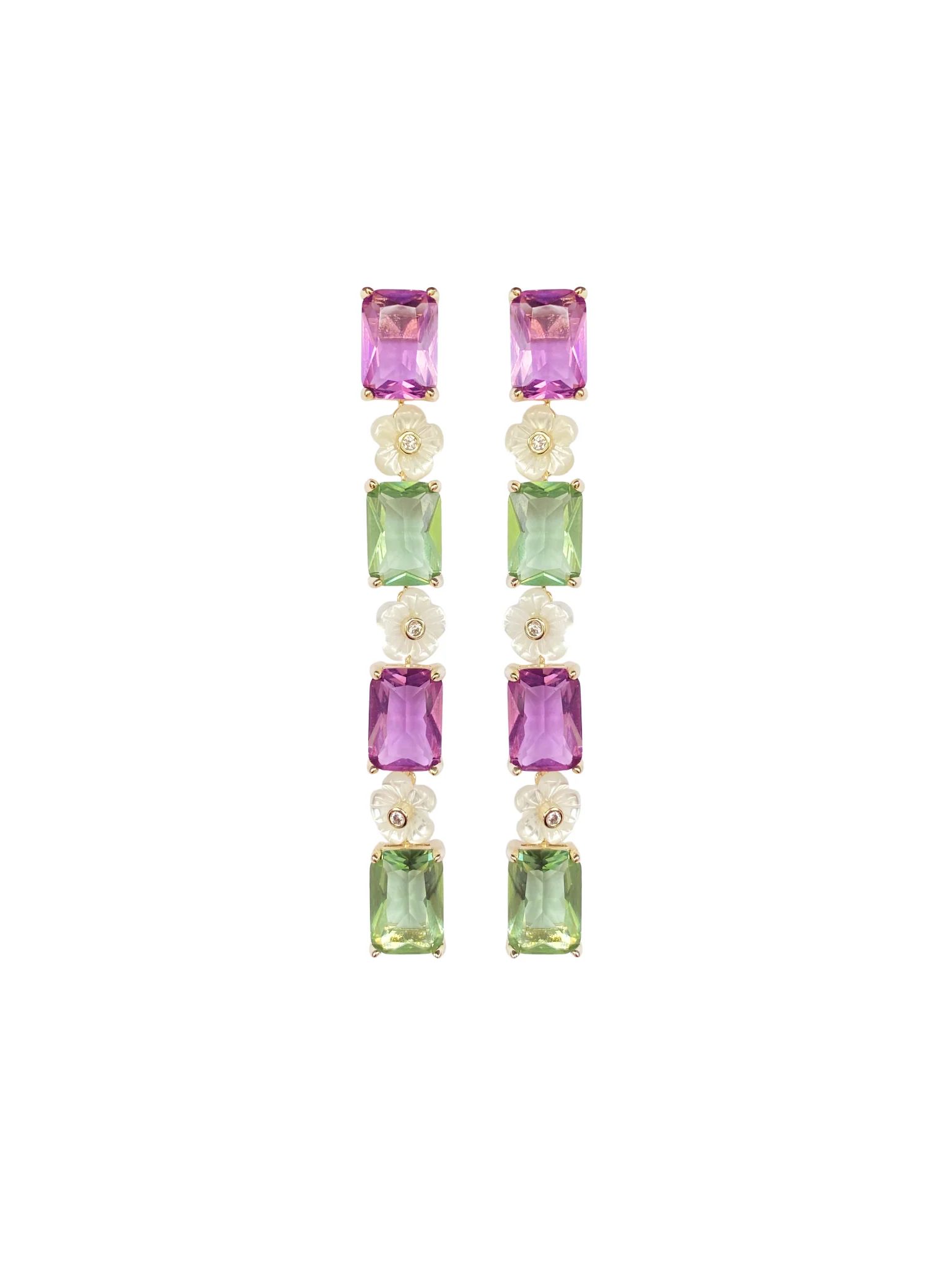 Sage Green & Lilac Mother of Pearl Flower Linear Earring | Nicola Bathie Jewelry