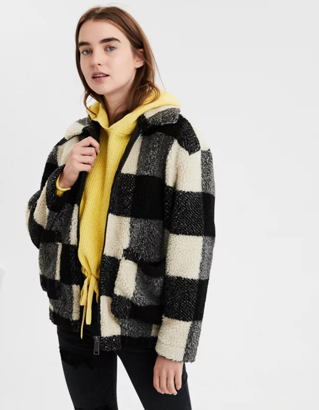AE Fuzzy Sherpa Bomber Jacket | American Eagle Outfitters (US & CA)