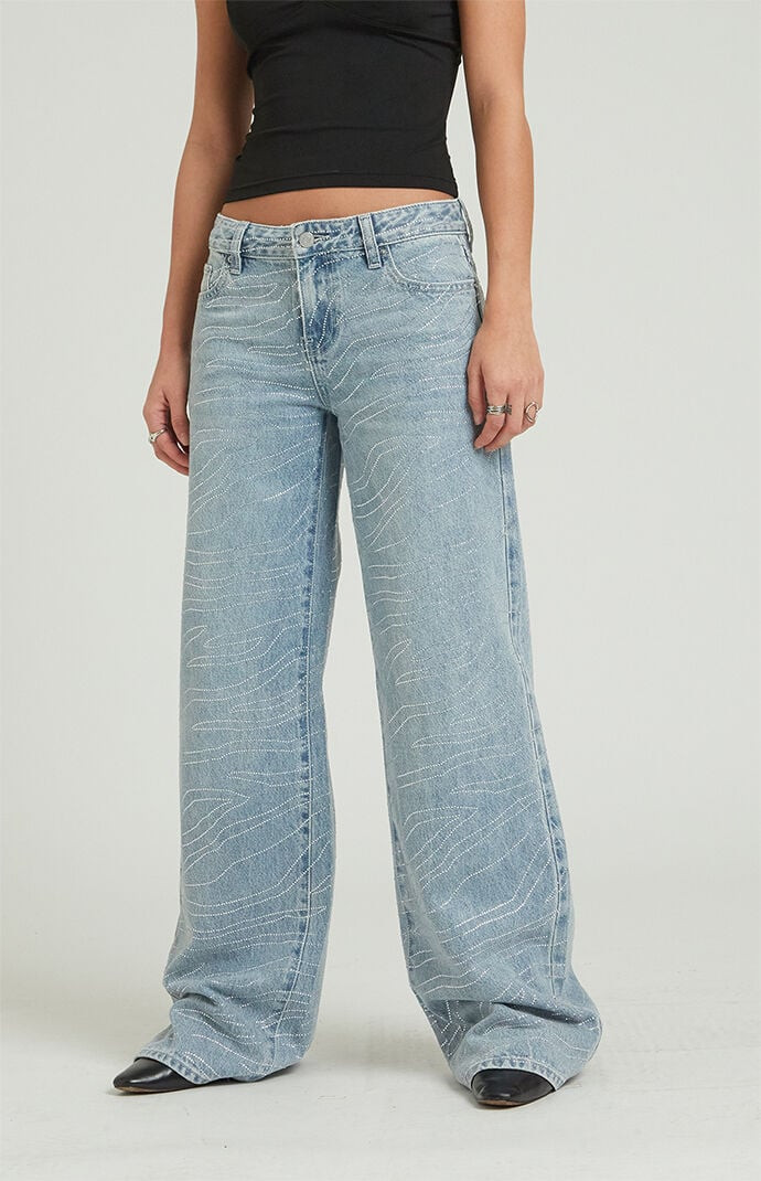Women's Casey Light Indigo Rhinestone Zebra Low Rise Baggy Jeans in Medium Indigo - Size 26 | PacSun