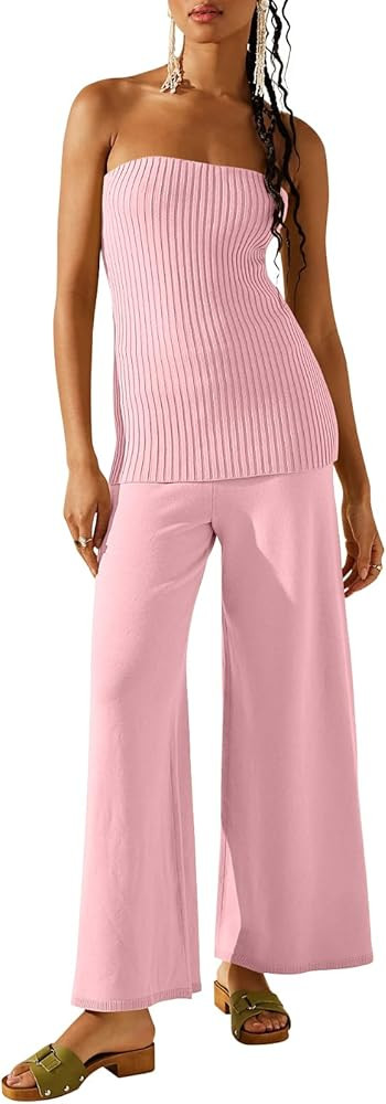 Tankaneo Women's 2 Piece Outfits Knit Strapless Tops High Waist Wide Leg Pants Sets Y2k Matching ... | Amazon (US)