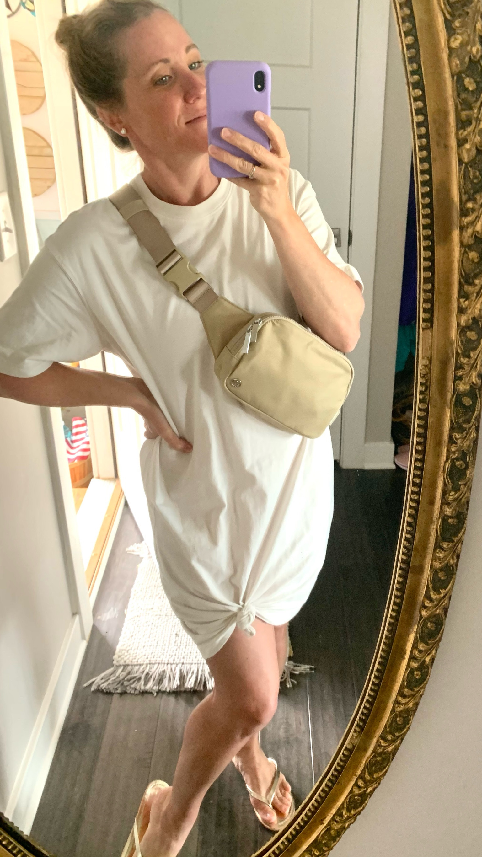 OOTD*  tshirt dress from H&M (last yr, linking similar) and jcrew gold sandals, lululemon large belt bag, all hot weather approved! 