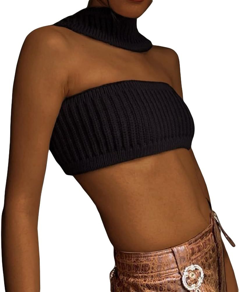 Women Sleeveless Knit Crop Tank Tops Backless Halter Turtleneck Irregular Vest Tops Fashion High ... | Amazon (US)