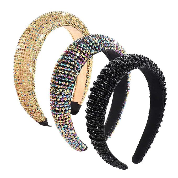 Crystal Padded Headbands for Women Bling Bejeweled Rhinestone Beaded Head Bands 3 packs (color 2) | Amazon (US)