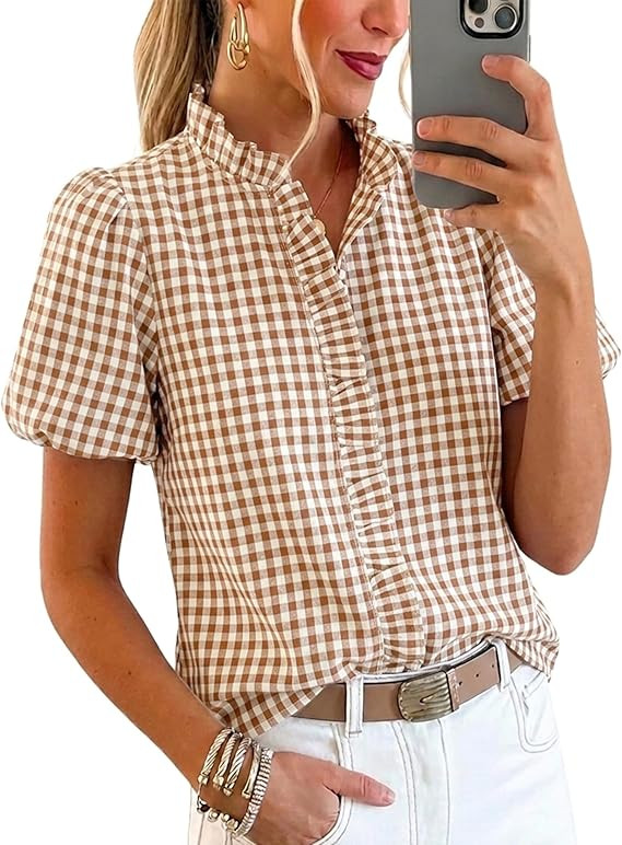 Womens Short Puff Sleeve Button Down Shirts Striped Ruffle Stand Collar Blouse Business Casual Pr... | Amazon (US)
