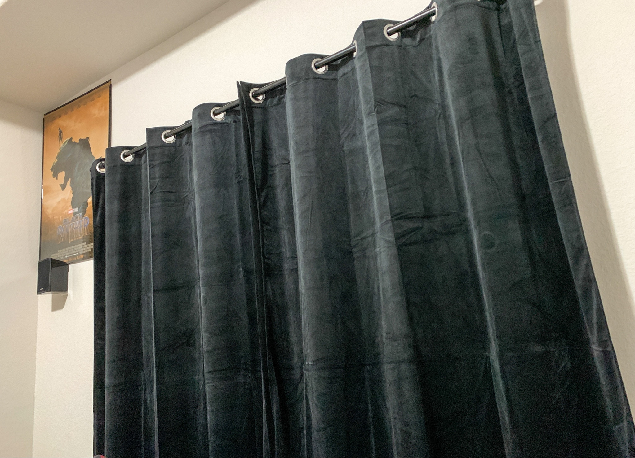 Added some black curtains in our theater room. Giving it a movie theater vibe. #theaterrooms #home #Movies #Movielovers #Curtains #homeimprovement #athomewithdsf 

#LTKhome