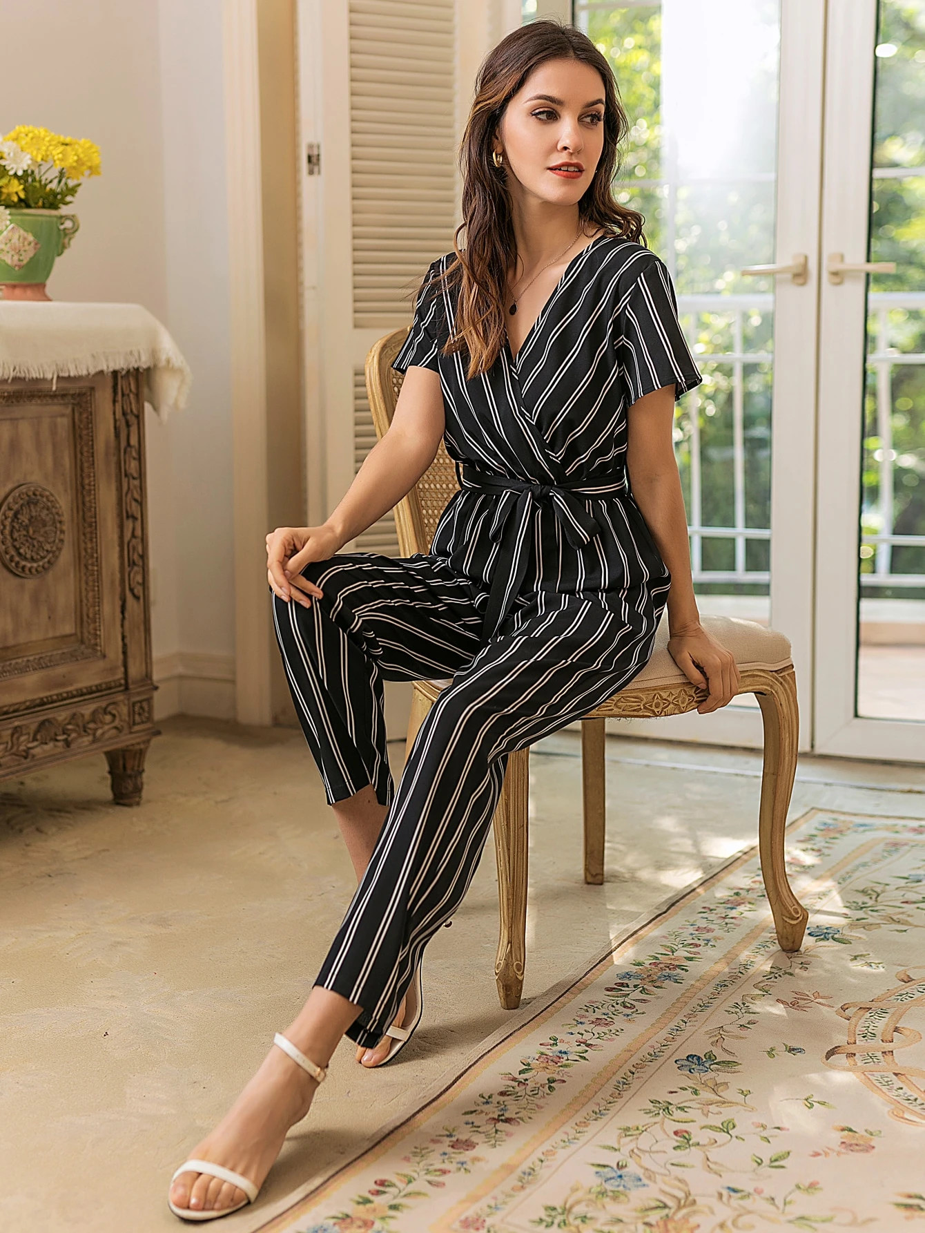 Striped Wrap Self Tie Jumpsuit | SHEIN