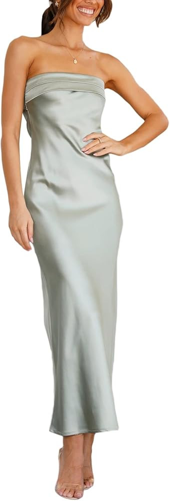 Women Sleeveless Satin Silk Maxi Dress Spaghetti Strap Backless Slim Fit Summer Long Dress Evenin... | Amazon (US)