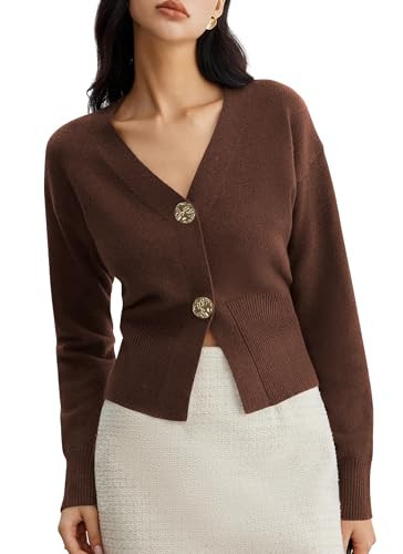 Women V Neck Cropped Cardigan Sweaters Fitted Long Sleeve Fall Button Up Chunky Knit Cardigans Brown L | Amazon (US)