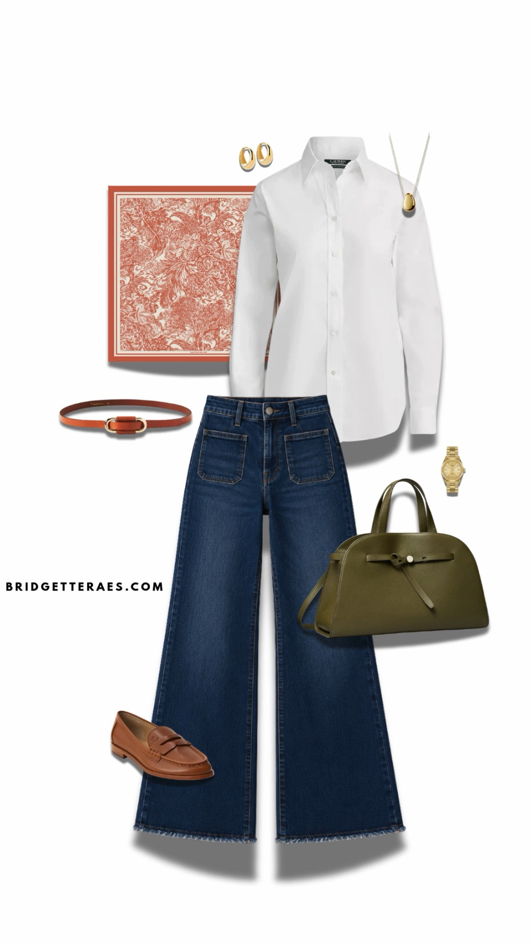 A crisp white button-down is one of the hardest-working pieces in a professional wardrobe, and this outfit proves exactly why. Paired with dark-wash wide-leg denim, it strikes the perfect balance between polished tailoring and modern ease, creating a look that’s refined enough for leadership meetings while remaining approachable for everyday wear. The olive green structured handbag introduces a rich, sophisticated accent that feels unexpected yet timeless, while warm cognac loafers and the slim leather belt add depth and tie the entire palette together beautifully. Delicate gold jewelry and a classic watch provide understated elegance, elevating the outfit without competing with its clean lines. This is an ideal choice for women leading client presentations, traveling between offices, networking over lunch, or managing busy days that demand both confidence and comfort.

#LTKgrwm #LTKootd #LTKWorkwear