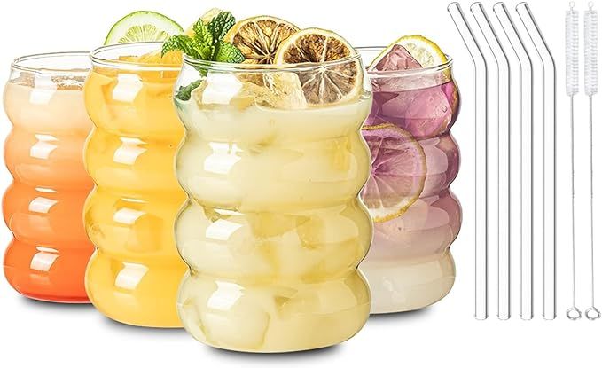 KEMORELA 18oz Wave Shape Beverage Glasses With Straws,Vintage Glass Cups Wine Mugs Of 4 Set, Ripp... | Amazon (US)