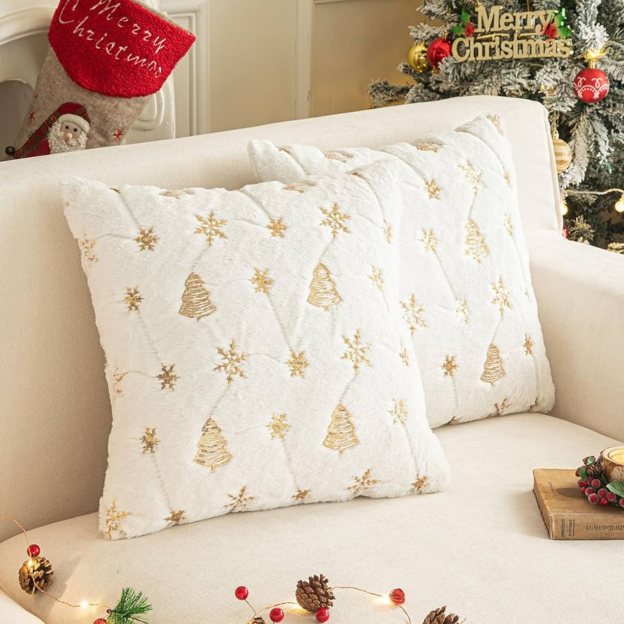 SHITURRE White Christmas Decorative Throw Pillow Covers Pack of 2, Sequins Pillow Covers Cushion ... | Amazon (US)