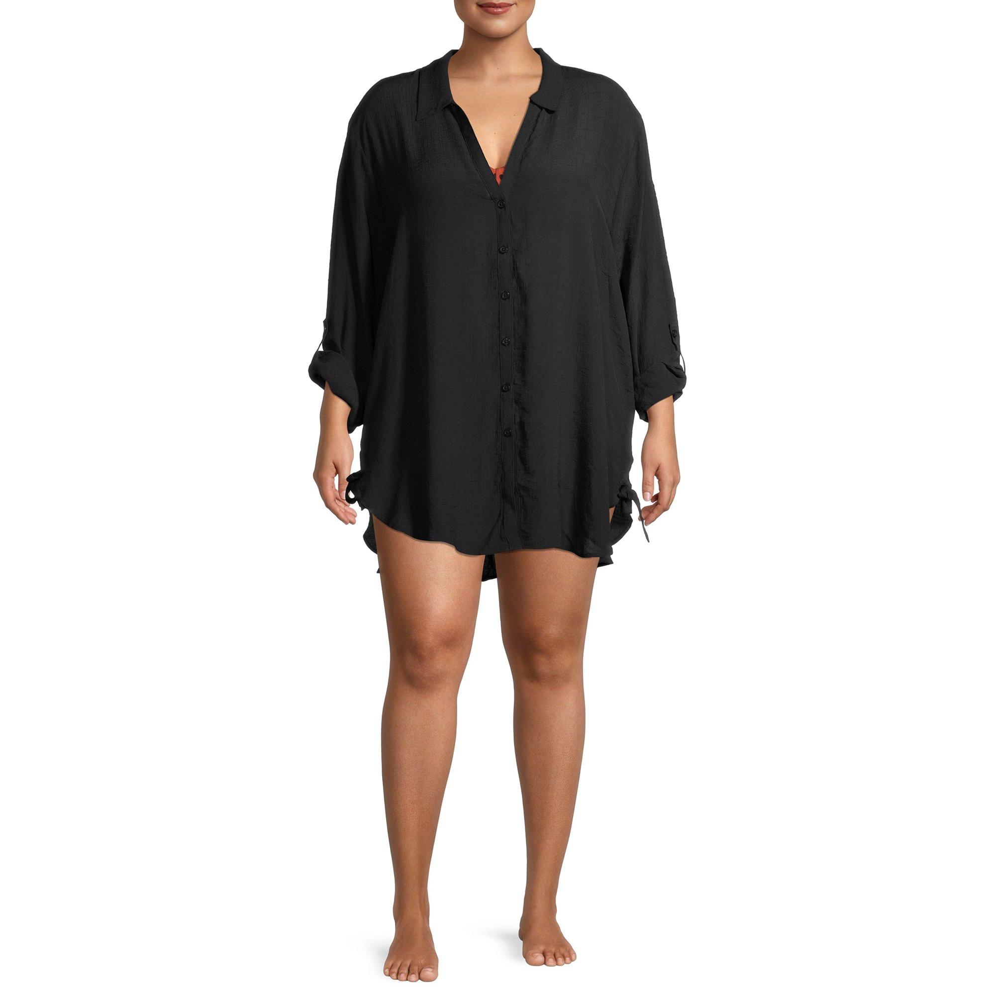 Time and Tru Women's and Women's Plus Size Button Front Shirt Cover Up | Walmart (US)