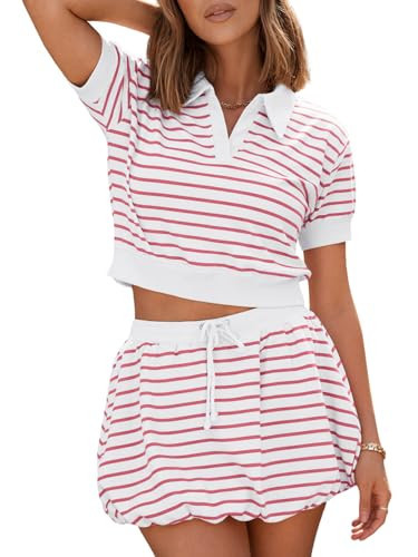 Fisoew Womens Striped 2 Piece Outfits Skort Set Casual Short Sleeves T Shirts Bubble Mini Skirt Sets Workout Lounge Matching Sets | Amazon (US)