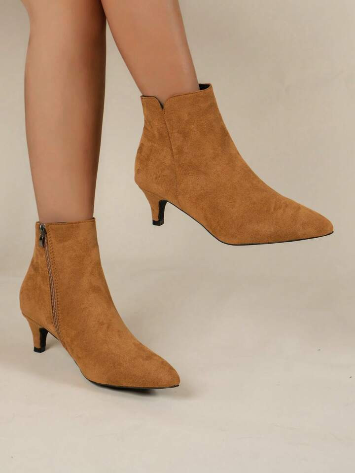 Women's Simple Style High Heel Short Booties With Side Zipper For Fall And Winter, Black | SHEIN