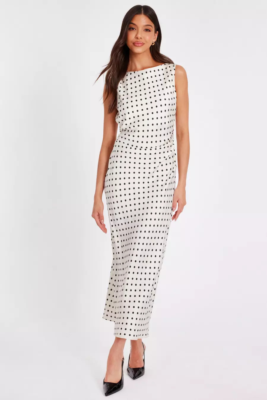 Cream Satin Polka Dot Midaxi Dress | Quiz Clothing