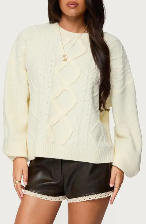 EDIKTED Oversize Crewneck Cable Stitch Sweater in Cream at Nordstrom, Size Large | Nordstrom