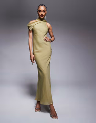 ASOS DESIGN Tall high neck scarf maxi dress in olive green | ASOS (Global)
