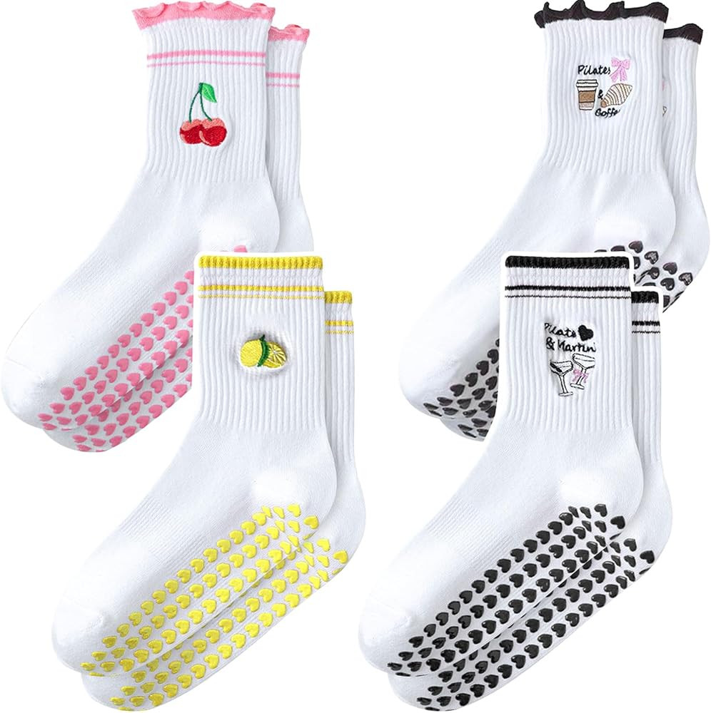 ZFiSt Pilates Socks with Grips for Women,4Pairs Ruffle Yoga Sock Cute Cotton Grippy Socks for Bar... | Amazon (US)