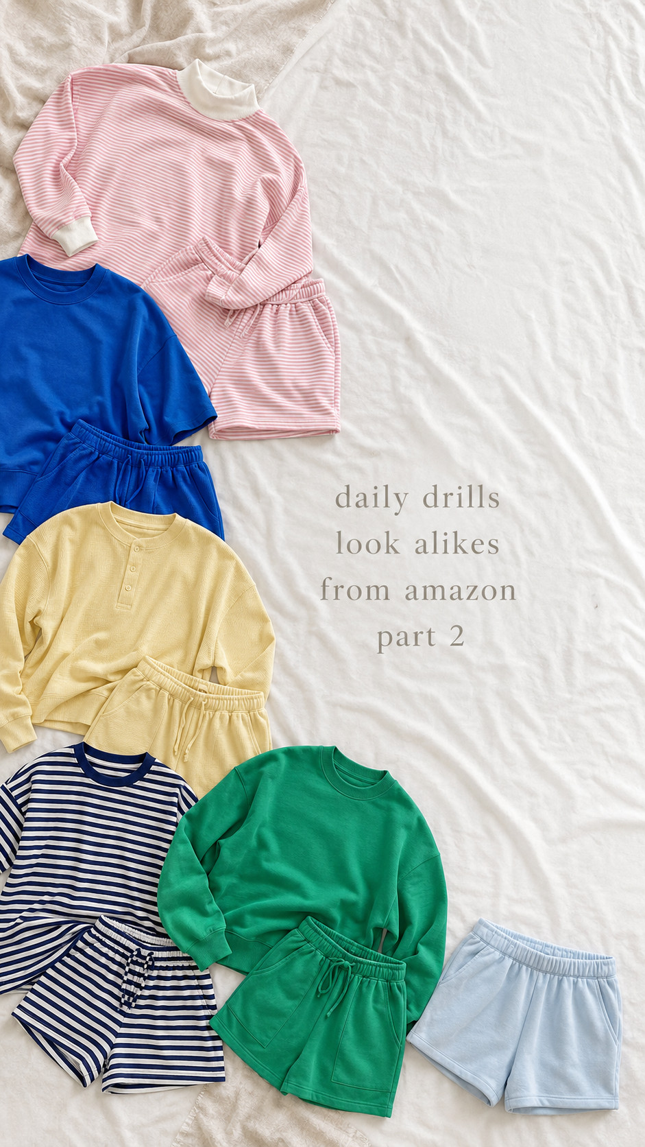 daily drills look alikes from amazon part 2 🤍✨ the cutest sporty chic sets and comfy everyday pieces that give that off-duty, coffee run, errands outfit vibe for less. obsessed with the pastel stripes, bright matching sets, oversized lounge pieces, and easy basics that still look put together. perfect for class, travel days, lounging, weekend errands, or throwing on when you want to look cute but comfy. comment “daily drills” and i’ll send the links 🫶

#amazonfinds #amazonfashion #dailydrills #dailydrillsdupe #dailydrillsinspired #amazondupes #matchingsets #loungewear #comfyoutfits #sportychic #coffeerunoutfit #errandsoutfit #collegegirlstyle #ltkfinds #affordablefashion
 

 #LTKgrwm #LTKootd #LTKSaleAlert