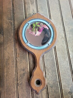 Vtg Antique Rustic Wooden Hand Held Vanity Mirror & Stained Glass Early 1900's?  | eBay | eBay US