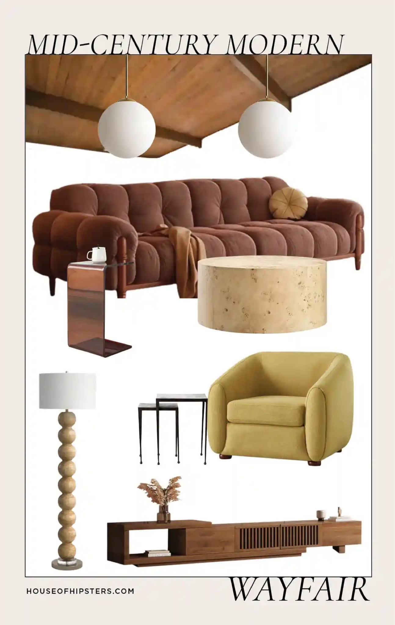 Decorating my childhood home with Mid-Century Modern furniture from Wayfair - be sure to check out the mood boards I created! This design is for the living room in my parent’s home. It’s my latest interior design project. The house is a split level ranch built in the 50s and I’ll leaning into that retro MCM vintage vibe. 

#wayfair #wayfairpartner @wayfair 

Home decor, eclectic decor, vintage modern interior design style, unique, funky furniture, personality, living room design, affordable, budget friendly, tufted sofa, couch, burl wood coffee table, vintage globe lighting, e-design 

#LTKSaleAlert #LTKStyleTip #LTKHome