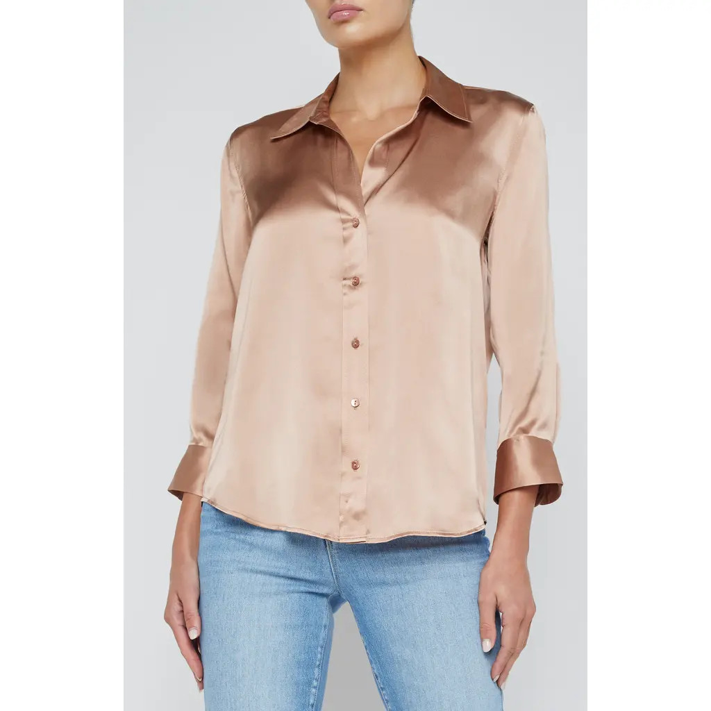 L'AGENCE Dani Silk Charmeuse Blouse in Pecan at Nordstrom, Size Xx-Small | Nordstrom