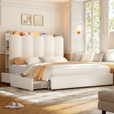 Upholstered Storage Bed Frame with LED Lighting, USB Ports, Side Cubbies & 2 Underbed Storage Drawers, Modern Cream Platform Bed | Wayfair North America