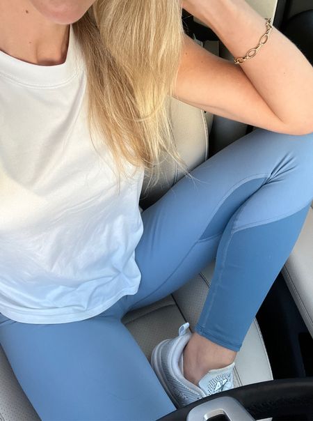 New to me brand I can’t stop wearing and favorite quality leggings (on sale) that aren’t awkwardly thin for being lighter and best crop tank ever! On repeat 💙💙 OH and this is the SOFTEST tank material. 
#blueleggings #workout #athleisure 

#LTKsalealert #LTKfit #LTKfamily