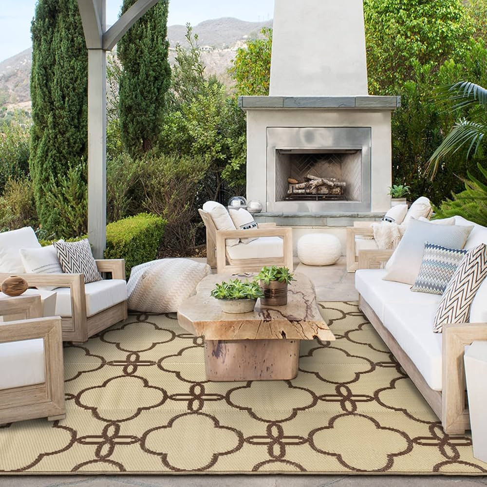 Ashler Beige and Brown Outdoor Plastic Straw Rug Waterproof for Patio, Clearance Reversible Campi... | Amazon (US)