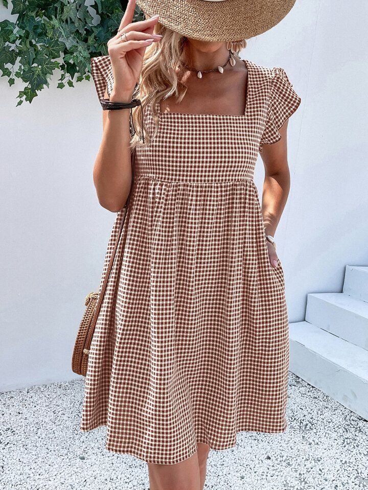 SHEIN VCAY Gingham Square Neck Butterfly Sleeve Smock Dress | SHEIN