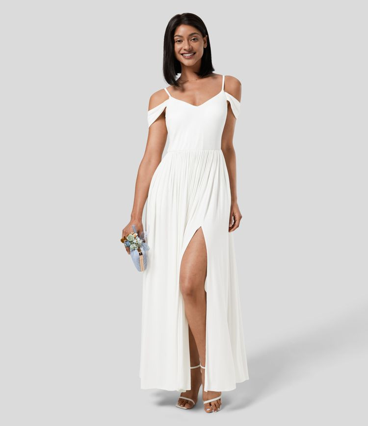 Women’s Ribbed Cold Shoulder Side Pocket Split Hem Flowy Maxi Bridesmaid And Wedding Guest Dres... | HALARA