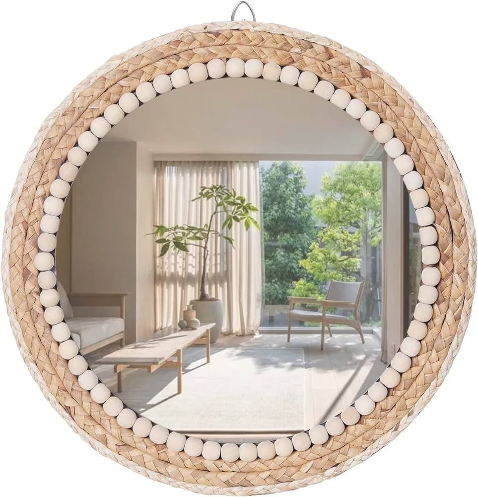 OYPEIP 20”Large Nature Rattan Boho Innovative Art Decoration Round Makeup Mirror Dressing Bedro... | Amazon (US)