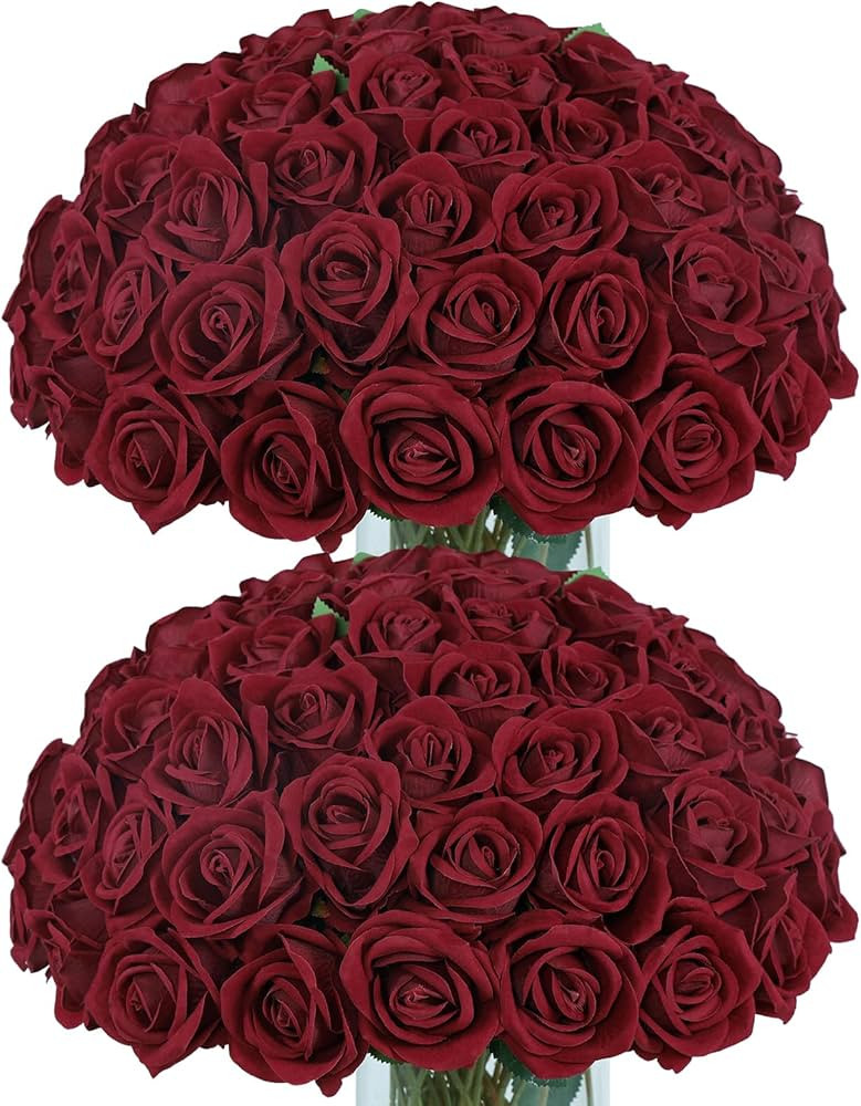 50pcs Burgundy Artificial Roses Flowers in Bulk,Velvet Fake Rose with Long Stem Realistic Artific... | Amazon (US)