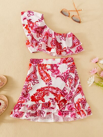 Toddler Girls Paisley Print One Shoulder Ruffle Trim Top & Skirt
   SKU: sk2110237849710818      ... | SHEIN