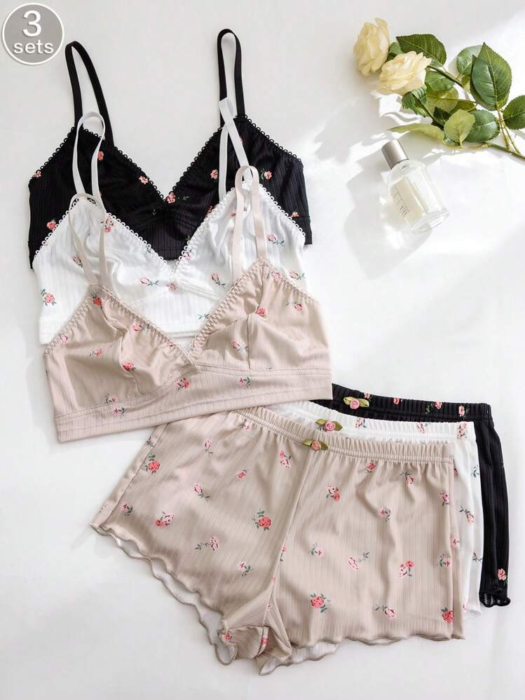 3pcs Set Women Plain & Floral Print Ruffle Trim Bra Set Two Pieces Set Women 2 Pieces Set | SHEIN