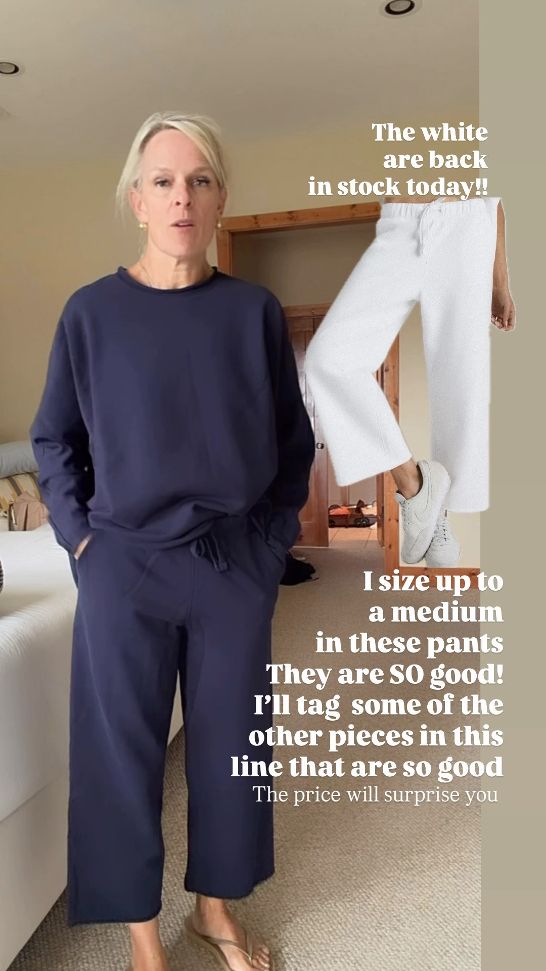 The white pants came back in stock today!!! 
Run grab while you can! 
The pants in white have been sold out for a while but back! 

Too - small
Pants - medium