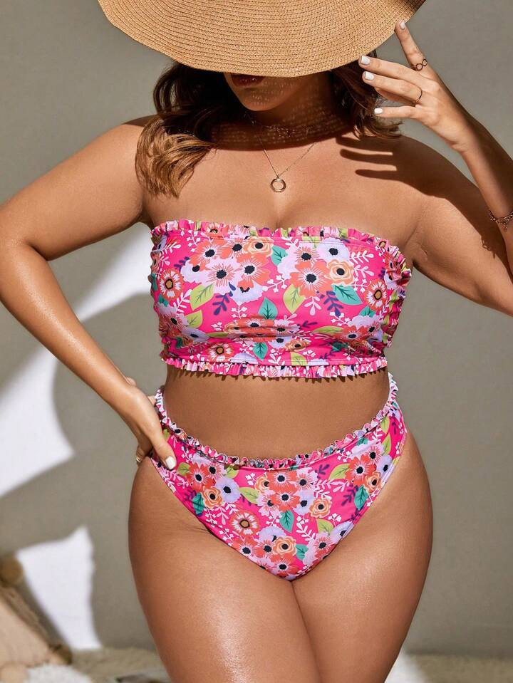 SHEIN Swim Curve Plus Size Women Vacation Plant Print Ruffle Bandeau Bikini Set,Summer Beach | SHEIN